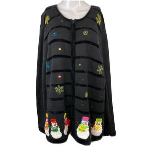 Quacker Factory Sweater Womens Sz L Black Beaded Snowmen Holiday Cardigan‎
